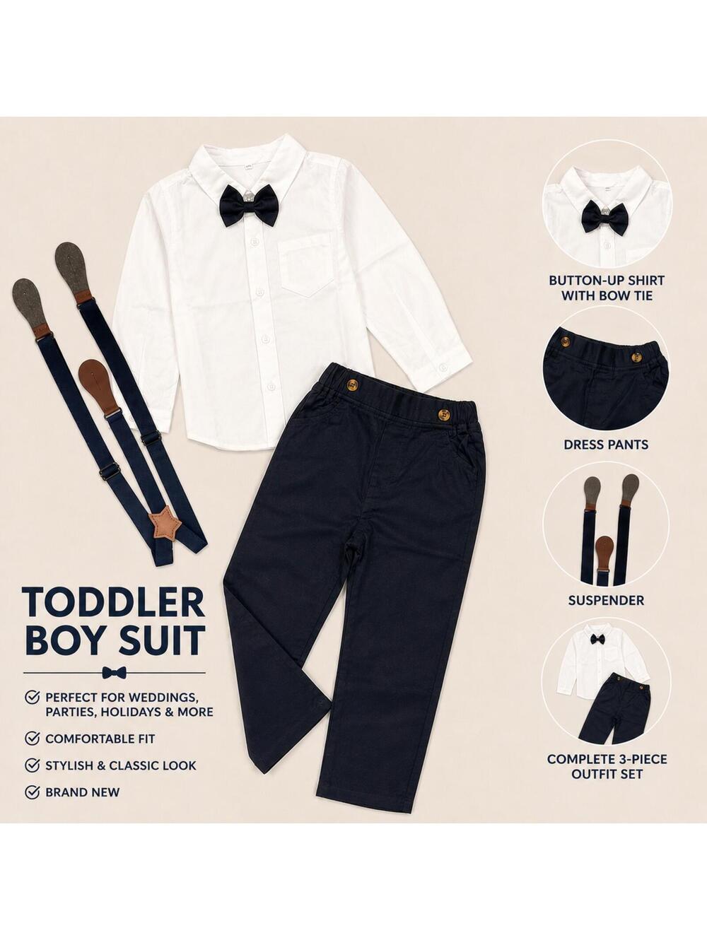 Danette’s Toddler Boys Formal Suit Set Navy White Shirt Bow Tie Suspenders 4-5